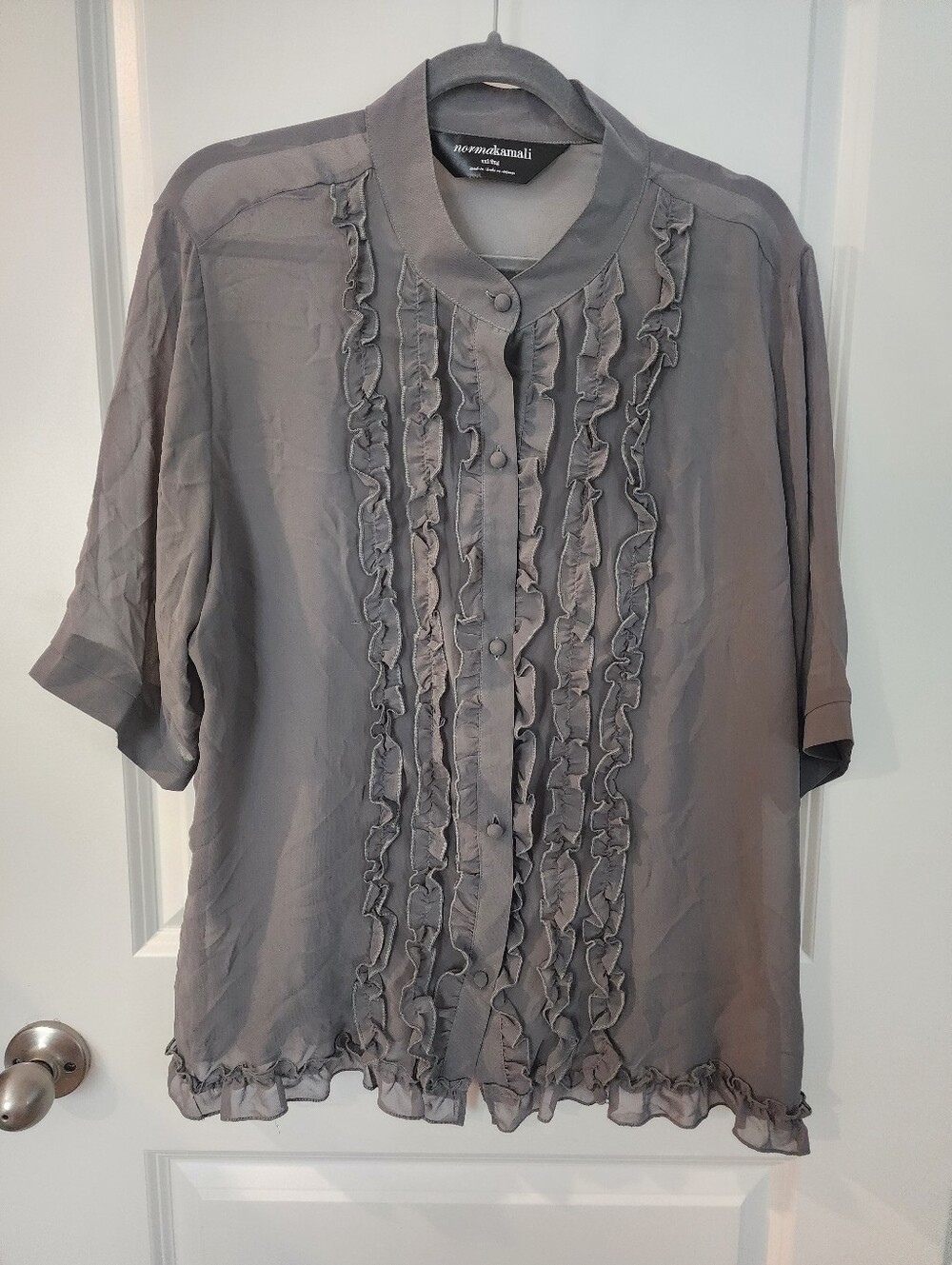 Norma Kamali Sheer Ruffled Button-front Blouse - Gray In Size XXL.